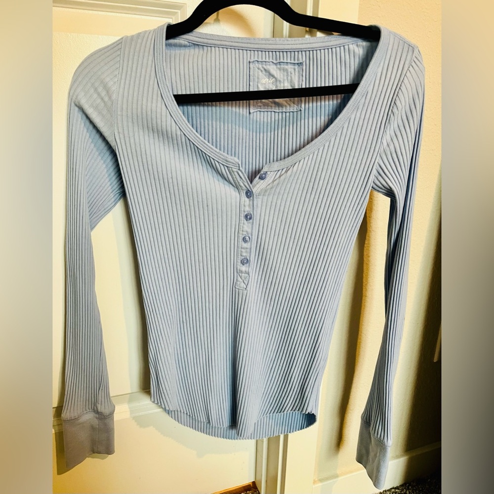 Aerie Soft Blue Ribbed Long Sleeve Henley